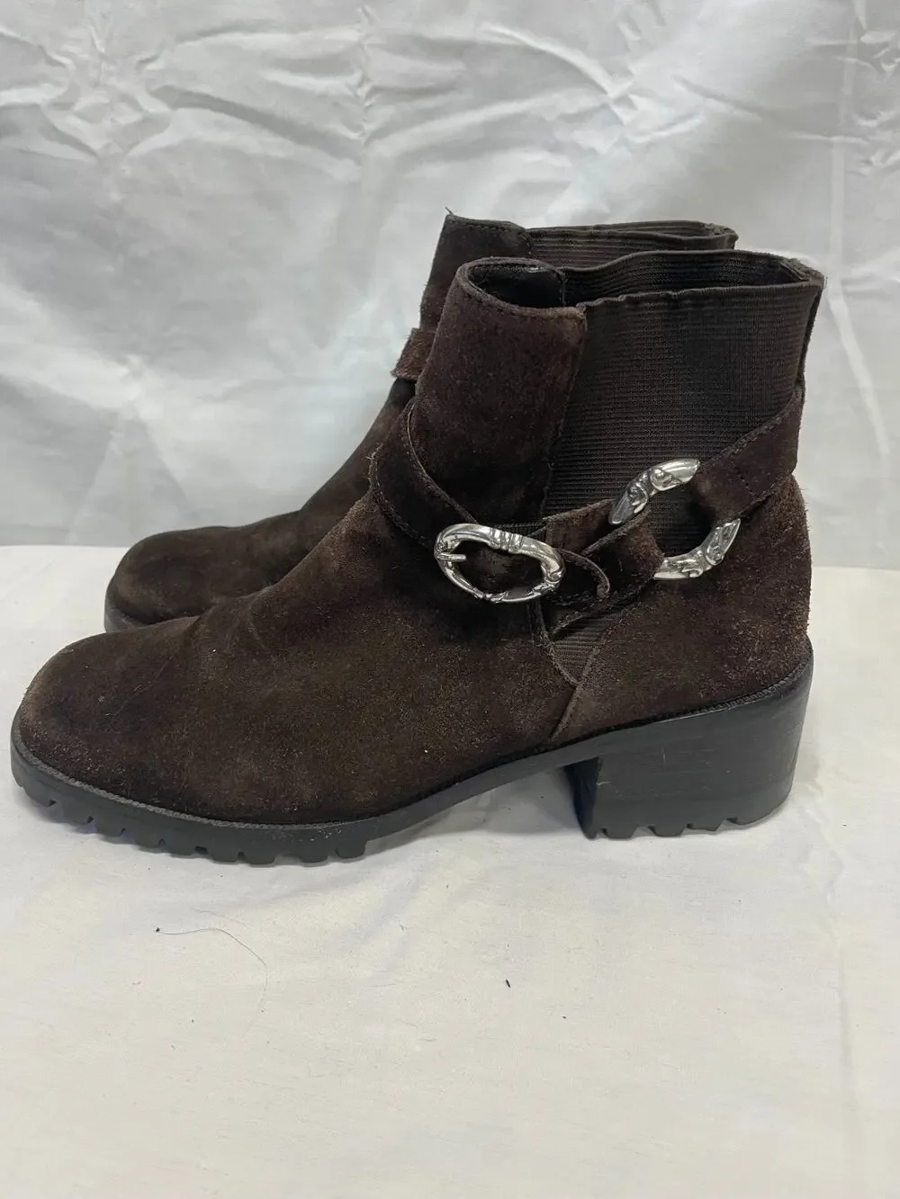 Brighton Women's Ankle Boots Size 7M Brown Suede Silver-Tone Buckles Pre-owned